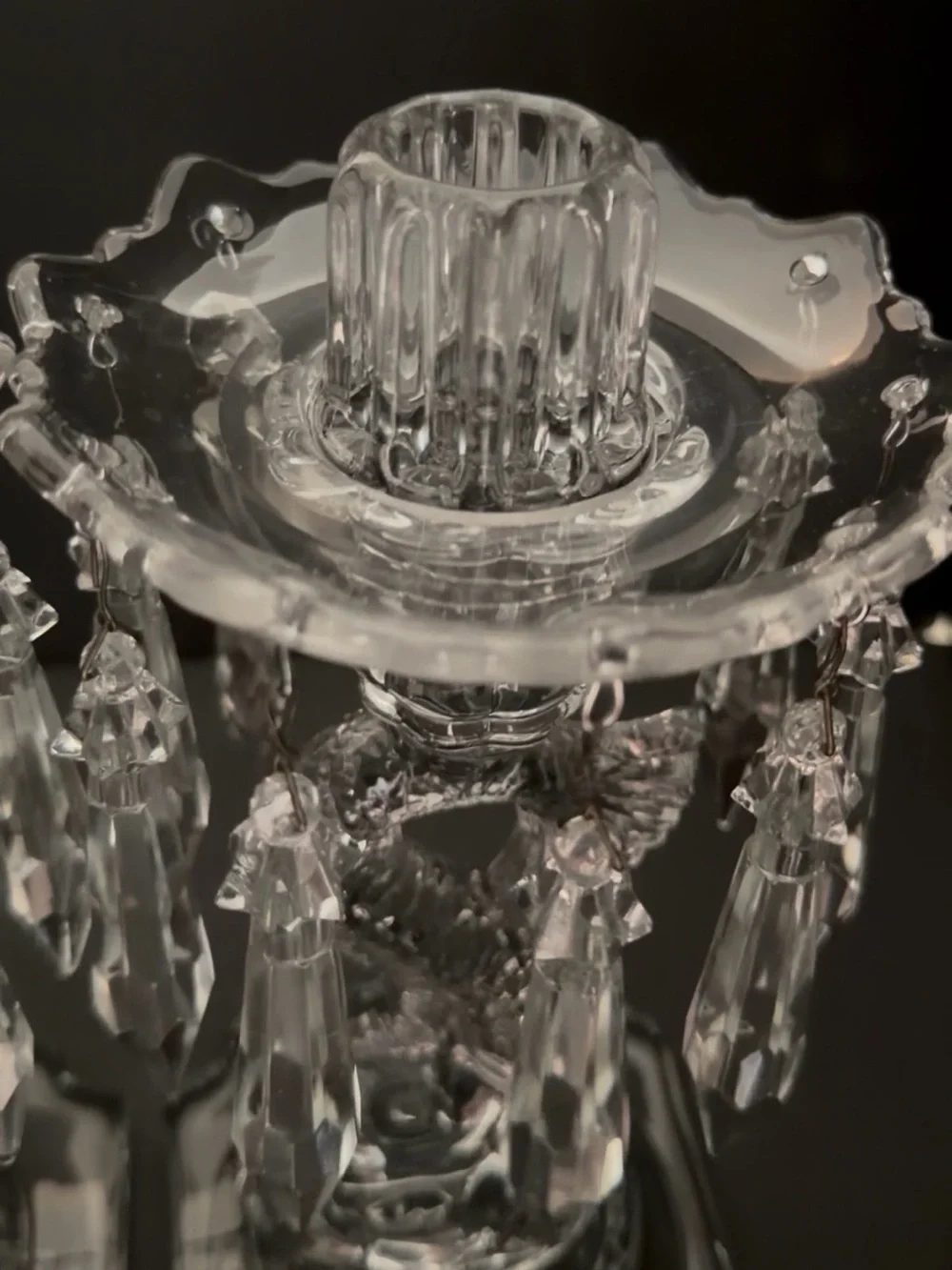 Pair of Cambridge Glass Candle Holders Fish Figure Bases w/Crystal Prisms 9,5